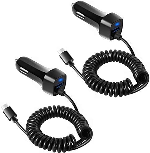 2Pack 2.4A Fast Charging USB C Car Charger Adapter with 3ft Type C Coiled Cable for Samsung Galaxy S20 FE S20 Plus Ultra S10 Lite S10e S9 S8+ A01 A10E A11 A20 A21 A30S A50 A51 5G A71, LG Stylo 6 5 4