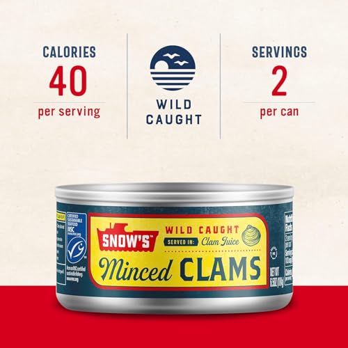 SNOW’S WILD CAUGHT MINCED CLAMS CANNED, 6.5 OZ CAN – 5G PROTEIN PER SERVING – GLUTEN FREE, KETO FRIENDLY, 99% FAT FREE