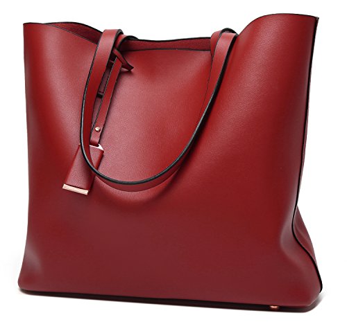 Molodo Women PU Leather Big Shoulder Bag Purse Handbag Tote Bags (Wine-red)