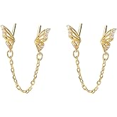 Cute Tiny Butterfly CZ Double Piercing Huggie Small Stud With Short Chain 925 Sterling Silver Cuff Wrap Earrings for Women Cartilage Two Holes Animal Dangle Drop Hypoallergenic