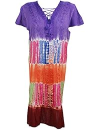 Evelyn Womens Sundress Colorful Tie- Dye Embroidered Lace Work Summer Chic Beach Cover Dress M/L