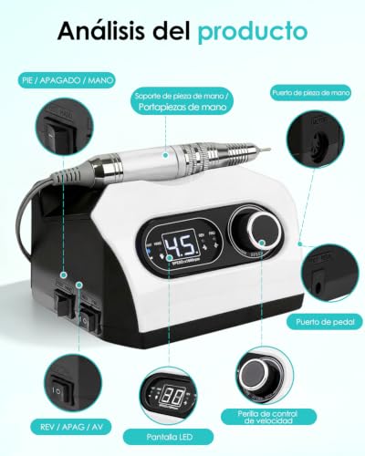 CozyZen Lima Eléctrica de Uñas Profesional 35000 RPM con Pedal | Máquina de Lijado de Uñas Enchufable con Pantalla LED, Control de Velocidad, 6 Fresas para Acrílico, Gel, Hogar y Salón
