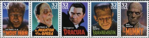 MOVIE MONSTERS ~ LON CHANEY JR / THE WOLF MAN ~ BORIS KARLOFF / THE MUMMY / FRANKENSTEIN ~ BELA LUGOSI / DRACULA ~ LON CHANEY / PHANTOM OF THE OPERA #3172a Strip of 5 x 32 US Postage Stamps