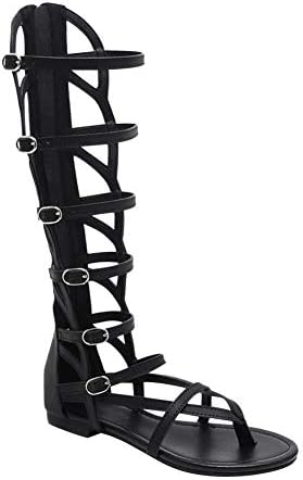 Gtagain Sandals Flat Shoes Women - Ladies Knee High Ankle Strap Open Toe Roman Gladiator Sandals Cut Out Boots Casual Beach Holiday Summer
