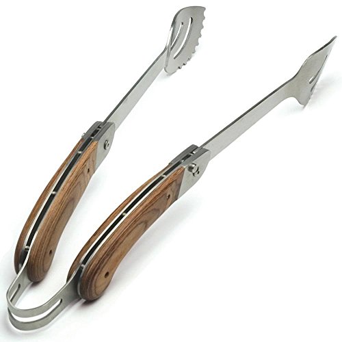 Charcoal Companion Explorer Stainless-Steel Grilling Tongs with Folding Rosewood Handles