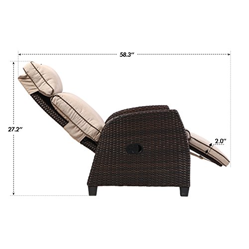 LCH Adjustable Recliner Relaxing Sofa Chair Outdoor Wicker Furniture Aluminum Frame Lounge with Beige Soft Thicken Cushions | Porch, Backyard, Pool or Garden