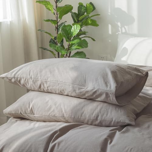 MooMee Bedding Pillowcases Pack of 2 100% Washed Cotton Linen Like Textured Breathable Durable Soft Comfy (Grayish Brown, Queen)