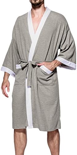 Earlish Men's Kimono Robe Soft Cotton Knit Waffle Weave Knee Length Spa Robe