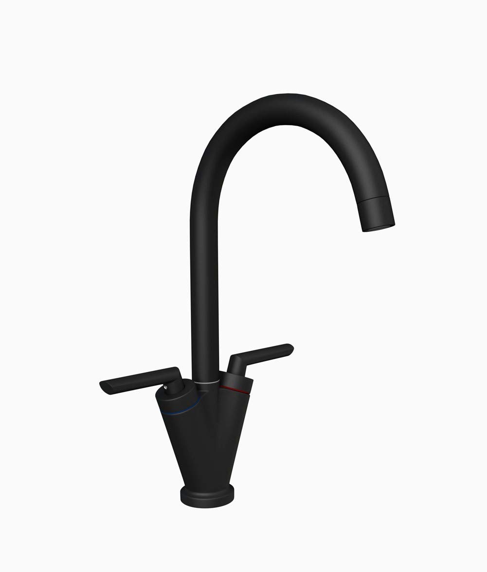 Double Lever Black Kitchen Tap Sink Mixer Monobloc 360 Degrees V Shape Swivel Spout