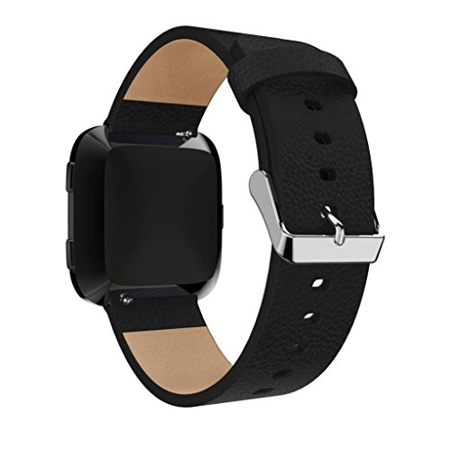 Alonea Fitbit Versa Watch Bands, Luxury Leather Bands Replacement Accessories Wristband Straps For Fitbit Versa (Black)