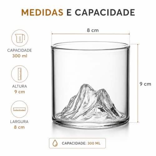Kit 2 Copos Whisky Design Montanha Everest 300ml Cristal Transparente Premium Vidro Reforçado Drinks Luxo