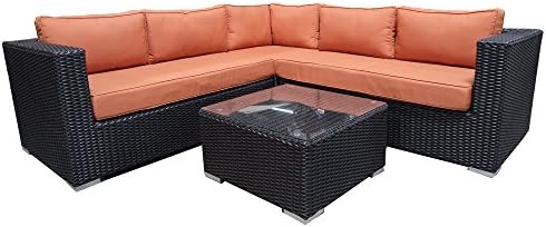 Sunluck Outdoor Patio Sofa Wicker L Shaped Couch with Table and Cushions