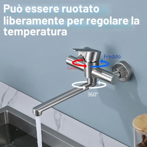 Minnhua Wall Mounted Kitchen Tap Wall Mounted Kitchen Tap with Swivel Spout Universal 25 cm Single Lever Sink Mixer Tap Adjust Hot and Cold Water 304 Stainless Steel