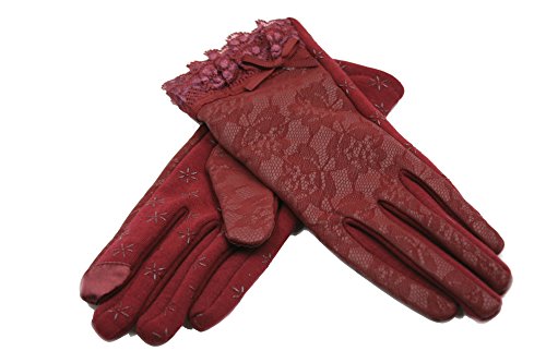 Dzhavael Luxury Womenâ€™s Touch Screen Winter Fashion Outdoor Sport Warm Gloves with Lace and Small Bow Mittens (Burgundy)
