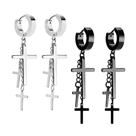 JewelrieShop-Cross-Tassel-Stainless-Steel-Urban-Huggie-Hinged-Hoop-Dangle-Earrings