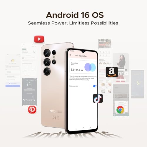 POPUX NOTE 56 X Mobile Phones, Android 16 Phone, 6150mAh, 6.56" HD+ 90Hz, 24GB + 64GB/2TB Android Phones, Octa Core, Dual SIM Unlocked Mobile Phone, Face ID, 3.5mm Jack, GPS, OTG