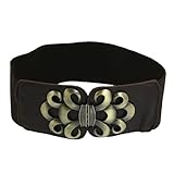 Lady Faux Leather Metal Interlock Buckle Elastic Waist Belt Cinch Coffee Color