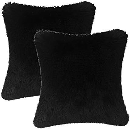 Throw it Super Silky Soft Faux Fur Square Shaggy Throw Pillow Cover 18"x 18" Pack of 2, Cozy Hand Feeling Fluffy Plush Fuzzy Cushion Case, Home Decor for Sofa Couch Chair Bed, Solid Black