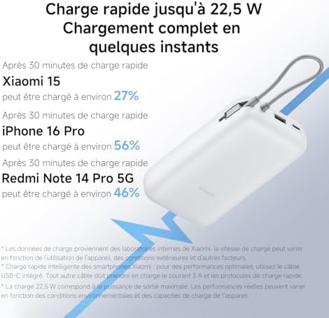 22.5W Batterie Externe 20000mAh, Câble Intégré, Gris
