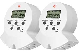 Clear Power Indoor Timer, 2 Grounded Outlet EZ Digital Timer for Clamp, Grow Light, Aquarium, White, Grounded Plug, 2-Pack,DCIT-00022P-DC