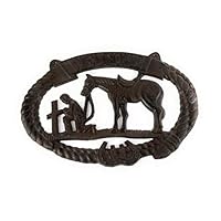 dist by American mud products Heavy Large Cast Iron Kneeling Cowboy with Horse at Cross, 2 Holes for Hanging, Primitive Style Wall Sign