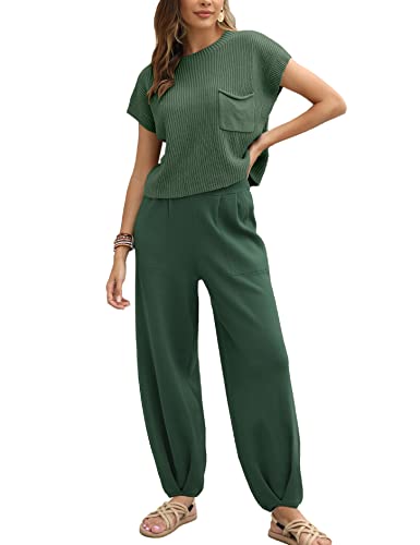UGERLOV WOMEN’S TWO PIECE OUTFITS SWEATER SETS KNIT PULLOVER TOPS AND HIGH WAISTED PANTS LOUNGE SETS, DARK GREEN, M