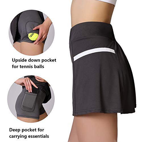 POSHDIVAH Athletic Grey Skorts for Women Pleated Back Girls Tennis Skirts with Pockets Casual Golf Skorts Size M
