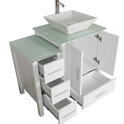 Homecart 72" Double Sink Bathroom Vanity Cabinet Combo Glass Top White Wood w/ 2 Basin Faucets Mirrors and Drains