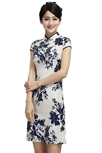 ACVIP Women Cheongsam Chinese Dress Cup Sleeve Flowers Pattern