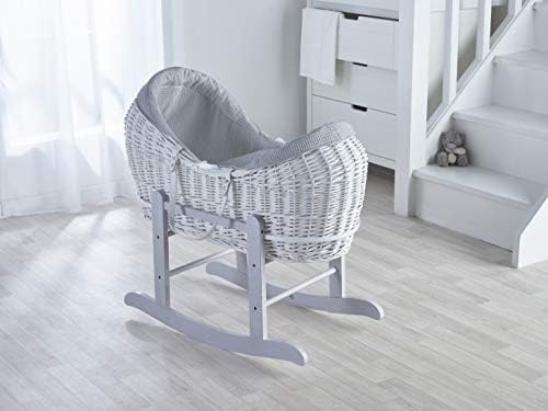 Grey Waffle White Wicker Noah Pod Moses Basket with Deluxe Grey Rocking Stand