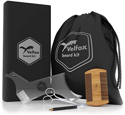 Velfox Beard Grooming,Trimming and Shaping Kit | 5 in 1 Set - Beard Shaper, Beard Bib, Beard Scissors, Beard Comb and LineUp Pencil | Great for GlFT