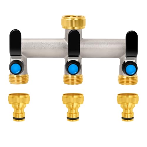 OPERMAXER 3-Way Tap Water Distributor, 304 Stainless Steel Handle, 3/4 Inch Brass Water Connection Distributor with Individual Shut-off Valves, 3 x 3/4 Inch Distributor Outlets for Appliances/Garden Hoses