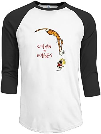 Men's Cotton O Neck 3/4 Sleeve Calvin And Hobbes Funny Athletic Baseball Raglan Sleeves T-Shirt Black US Size XL