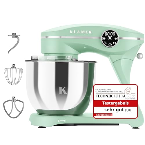 KLAMER Küchenmaschine 1800W, Knetmaschine Brotteig mit 6L Edelstahlschüssel