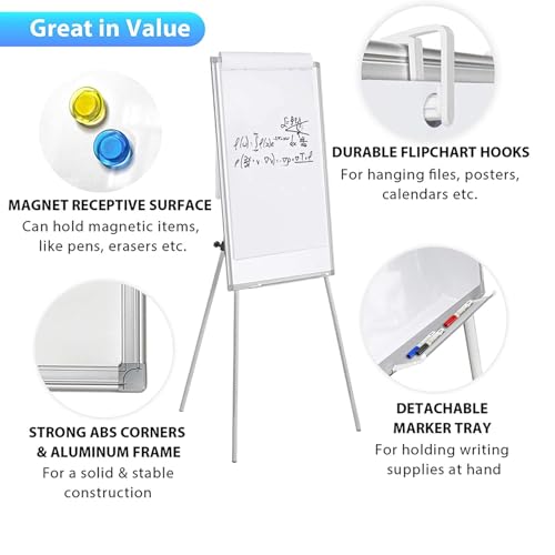 90x60Cm Easel Whiteboard, Tripod Height Adjustable Magnetic Portable Dry Erase Board, Flipchart Easel Stand White Board for Office School Classroom Teaching and Home