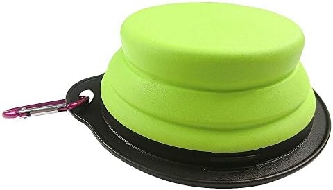 Pet Silicone Foldable Bowl - Retractable Travel Protable Water Bottle/Dish with a Metal Carabiner, Also Can Used as Flying Disc Toy for Dogs & Cats, Green
