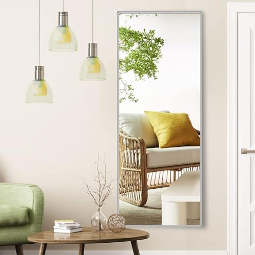 CAMLEO Full Length Mirror 16.6" x 60" rectangle Aluminum alloy Large Standing Dressing Mirror Hanging Leaning Against Wall Mounted Mirror with Stand for Bedroom Locker Room Living Room (silvery white)