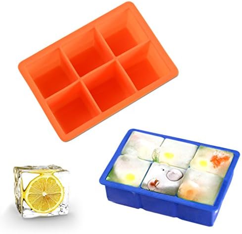 Silicone Ice Cube Tray - Flexible 6 Cavity Ice Maker for Whiskey and Cocktails - Keep Drinks Chilled Pack 2 (Orange,Blue)