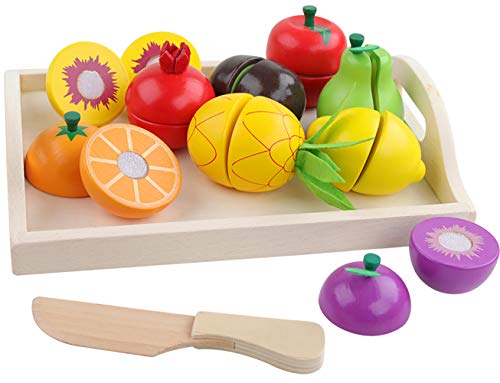 GEMEM Wooden Fruit Cutting Food Toys, Pretend Play Kitchen Set Velcro Wood Fruit Early Educational Development Play Food for 3, 4, 5, 6 Year Old Kids , Boys, Girls - Thumbnail 5