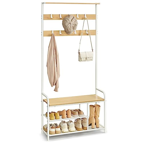 VASAGLE Coat Rack Stand, Hall Tree with Bench and Shoe Storage, 9 Removable Hooks, Shoe Rack, Shelf, 30 x 85 x 180.5 cm, for Hallway, Bedroom, Apartment, Modern, Oak and White HSR409W09