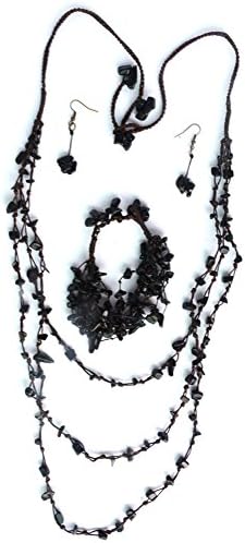 Thai Village Multi Strand Quartz Rock Candy Macrame 36” Adjustable Necklace, Bracelet and Earrings Set with Mulberry Box (Grey)