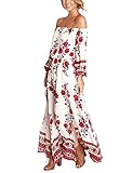 YesFashion Women Off Shoulder Bohemia Floral Print Split Beach Dress White XL