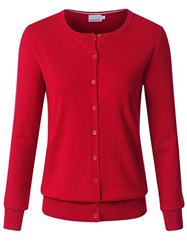JSCEND Women's Long Sleeve Button Down Crew Neck Soft Knit Cardigan Sweater RED XL
