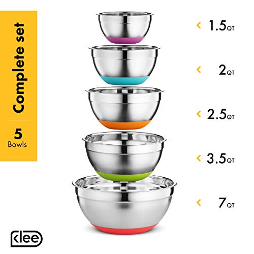 Klee Stainless Steel Mixing Bowls Set of 5 â€“ Non Slip Mixing Bowls with Rubber Bottom â€“ Colorful Mixing Bowls with Measurements â€“ Nesting Mixing Bowls Set with Silicone Base â€“ Kitchen Mixing Bowl Set