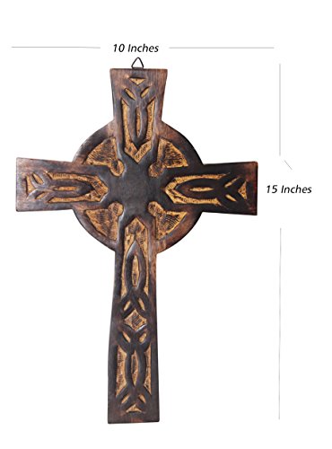 The StoreKing Wooden Wall Cross Plaque 15" Long Hanging with Hand Carvings Religious Altar Home Living Room Decor