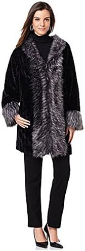 Adrienne Landau Kimono Jacket with Faux Fur Fox Trim Black Chevron/Silver Fox~XL
