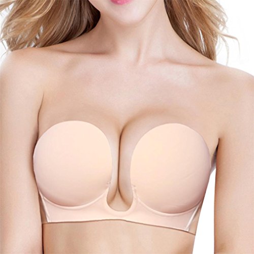 VeMee Strapless Bra U Plunge Push Up Self Adhesive Silicone Reusable Bra For Women (Cupa, Skin)