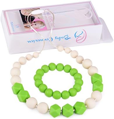 Premium BPA-free 100% Food Grade Silicone Teething Nursing Breastfeeding Baby-safe Necklace and Bracelet gift Set for Moms - Chewable Teether Beads provide soothing pain relief for baby (Chartreuse)