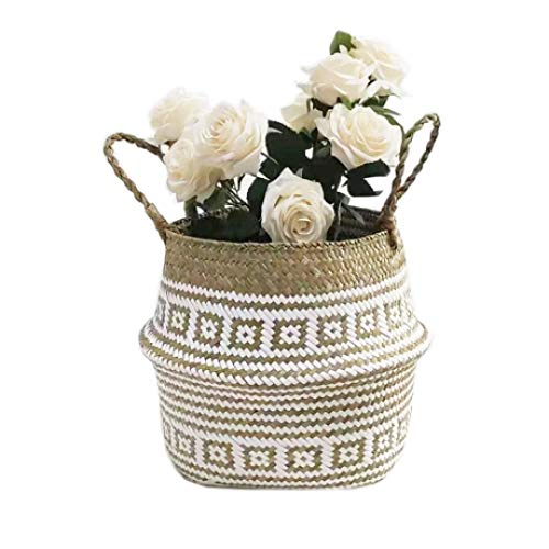 SZETOSY Natural Seagrass Basket - GOODCHANCEUK Seagrass Belly Basket Hand Woven Storage Basket With Handle Toys Laundry Basket Flower Planter White Floral Texture Style#5 22CMX20CM