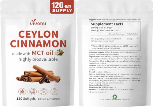 2-in-1 Organic Ceylon Cinnamon with MCT Oil Supplements Softgels, 120 Day Supply, Authentic Sri Lankan Source, Liposome Highly Bioavailable Extract, Energy & Metabolism Support, Large Granule Softgels